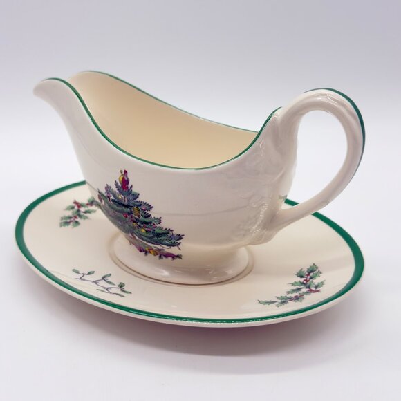 Spode Christmas Tree Gravy Sauce Boat Under Plate 2-Piece Set - Picture 3 of 11